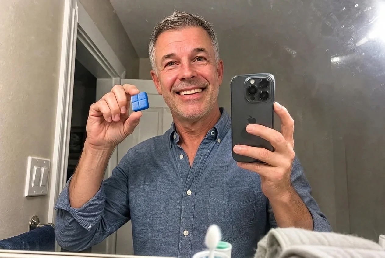 Man holding DirectMax rapid-dissolve tablet